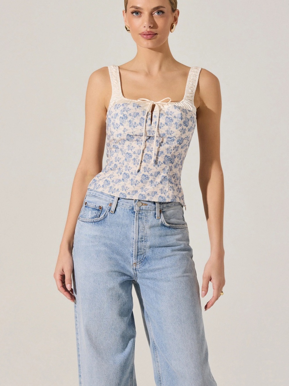 Astr Cream and Blue Floral Lace-Trim Camisole -Milkmaid Top